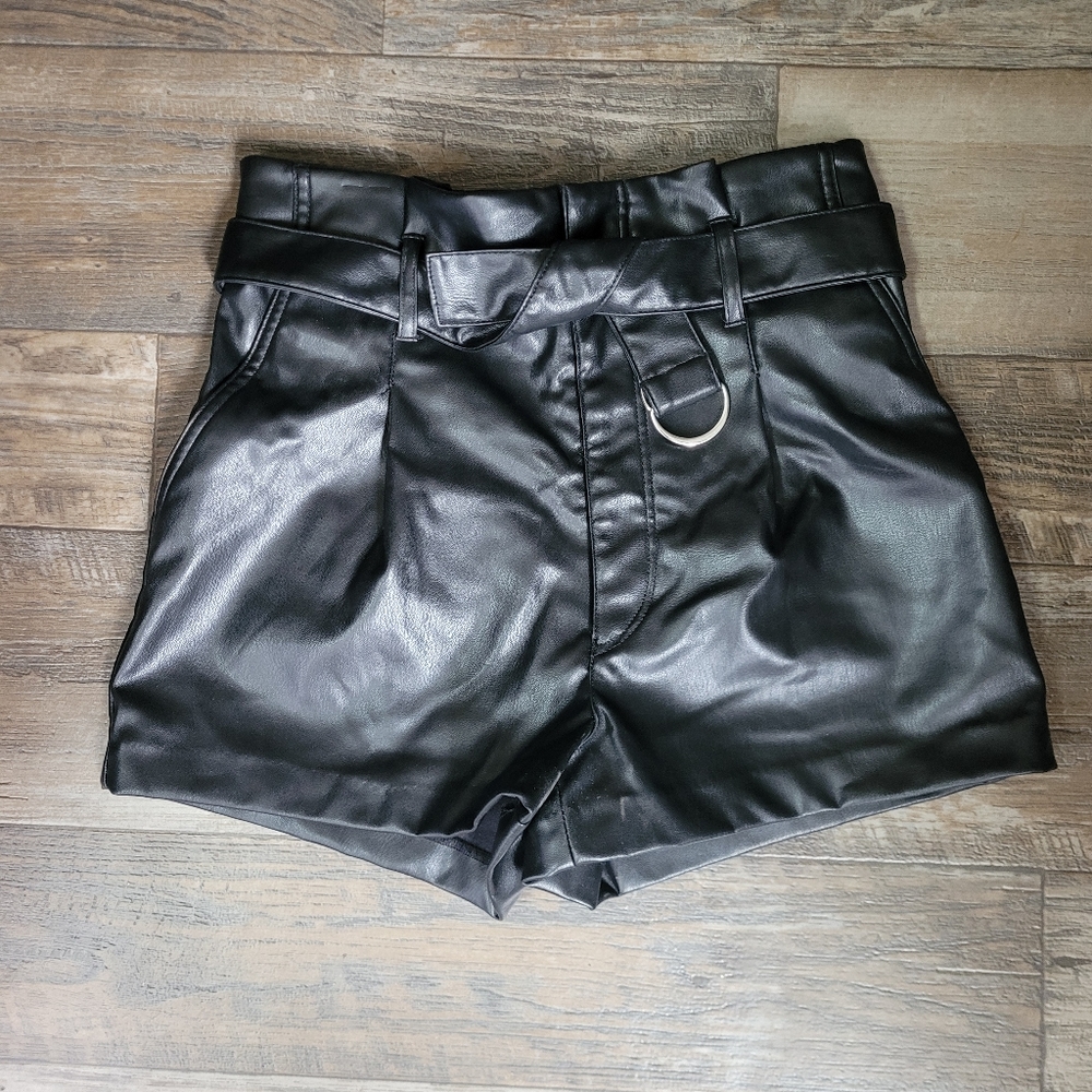 H & M Faux Leather Shorts High Paperbag Waist Belted